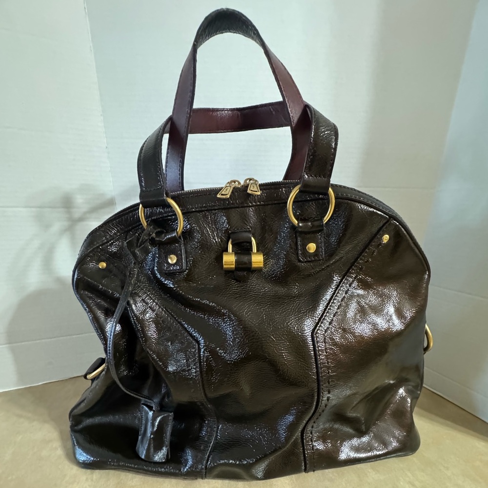 Yves Saint Laurent Choco Brown Patent Leather Oversized Muse Bag
